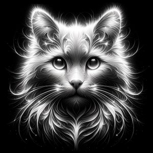 Pode incluir: Uma ilustração em preto e branco de um rosto de gato com linhas intrincadas e em espiral que se assemelham a penas. Os olhos do gato são grandes e redondos, e sua pelagem é fofa e detalhada.