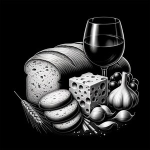 Op de afbeelding: Een zwart-wit stilleven met een brood, een blok Zwitserse kaas, een glas rode wijn, knoflook, druiven en tarwehalmen.