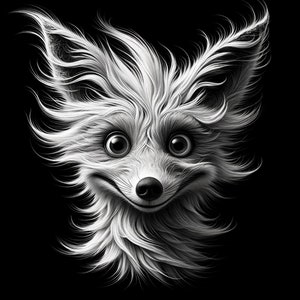 Puede incluir: Una ilustración en blanco y negro de un zorro con un aspecto esponjoso y despeinado por el viento. El zorro tiene ojos grandes y redondos y una amplia sonrisa con dientes.