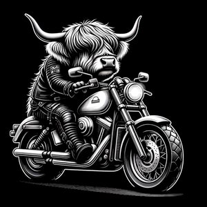 Peut inclure: Une illustration en noir et blanc d'une vache écossaise portant une veste en cuir et conduisant une moto.