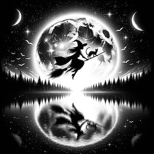 Peut inclure: Une silhouette noire d'une sorcière volant sur un balai avec un chat noir devant une grande lune brillante. La lune se reflète dans un plan d'eau calme en dessous.