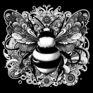 May include: A black and white illustration of a bumblebee with intricate wings surrounded by floral designs.