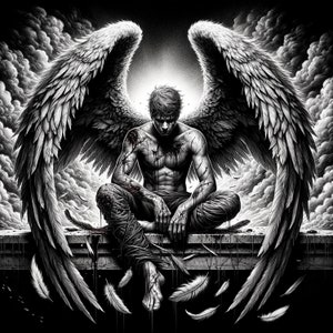 May include: A black and white illustration of an angel with large wings sitting on a ledge. The angel is covered in blood and has a sorrowful expression.