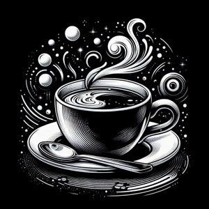 Könnte beinhalten: Eine Schwarzweißillustration einer Tasse Kaffee mit aufsteigendem Dampf. Die Tasse steht auf einem Unterteller mit einem Löffel. Der Hintergrund ist ein wirbelndes Muster aus Sternen und Kreisen.
