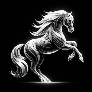 Pode incluir: Uma ilustração estilizada branca de um cavalo se erguendo sobre suas patas traseiras. O cavalo é composto por muitas linhas que criam um efeito fluido e dinâmico.