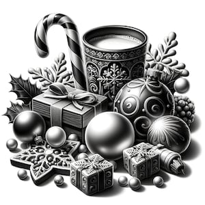 Op de afbeelding: Een zwart-witte illustratie van een kerstscène met een mok warme chocolademelk, een snoepstok, een cadeaudoos en kerstballen.