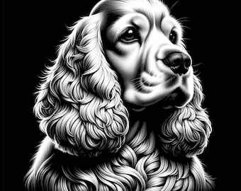 May include: A black and white illustration of a Cocker Spaniel dog with long, flowing hair. The dog is looking to the right and has a serious expression.