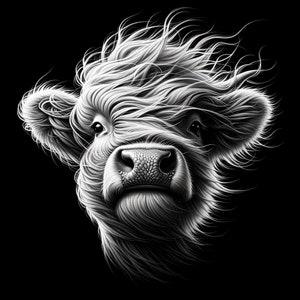 Könnte beinhalten: Eine Schwarzweißillustration einer Highland-Kuh mit langem, fließendem Haar. Das Gesicht der Kuh ist sichtbar, mit ihren großen, dunklen Augen und einer rosa Nase.