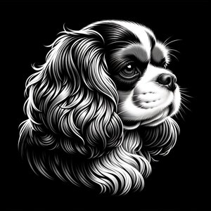 Op de afbeelding: Zwart-witte illustratie van een Cavalier King Charles Spaniel met lang, golvend haar. De hond kijkt naar rechts en heeft een serieuze uitdrukking.