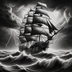 May include: A black and white illustration of a large sailing ship with multiple sails, navigating through stormy seas with lightning strikes in the background.