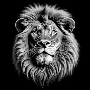May include: A black and white illustration of a lion's head with a thick mane. The lion is looking directly at the viewer with a serious expression.
