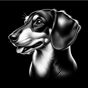 May include: Black and white line art illustration of a dachshund dog with its tongue sticking out. The dog is looking to the left.