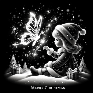 May include: A black and white illustration of a young girl in a winter hat reaching out to a glowing butterfly with sparkling wings. The scene is set against a black background with falling snow and the words "Merry Christmas" at the bottom.