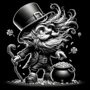Pode incluir: Ilustração a preto e branco de um duende com cartola, fato e bengala. Aponta para um pote de moedas de ouro, com moedas e trevos espalhados. Um design fantasioso para o Dia de São Patrício.