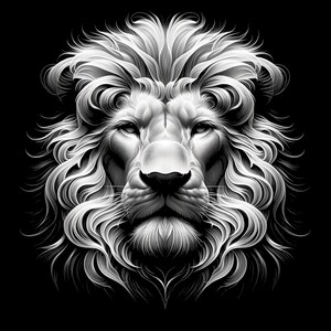 Pode incluir: Uma ilustração em preto e branco de uma cabeça de leão com uma juba detalhada. O leão tem uma expressão séria e seus olhos estão abertos.