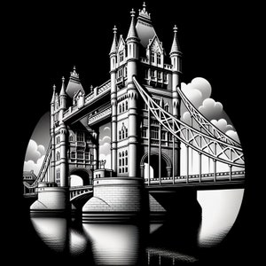May include: A black and white illustration of the Tower Bridge in London, England. The bridge is depicted in a detailed, stylized manner, with intricate architectural features and a sense of depth and perspective.