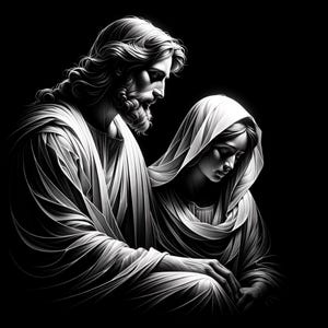 May include: A black and white illustration depicting a man and a woman in a solemn pose. The man has long hair and a beard, and the woman is wearing a hooded robe. The image evokes a religious theme.