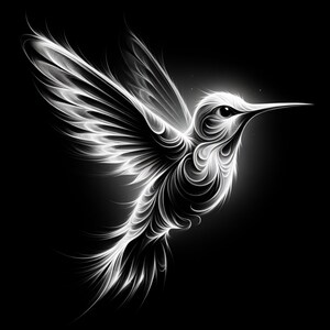 May include: A white hummingbird with intricate, swirling lines forming its body and wings. The bird is depicted in flight against a black background.