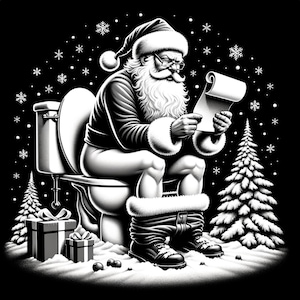 Op de afbeelding: Een zwart-witte illustratie van Sinterklaas die op een toilet zit en een lijst leest. Hij draagt een Sinterklaas-muts en een witte baard. Er zijn sneeuwvlokken en dennenbomen op de achtergrond.