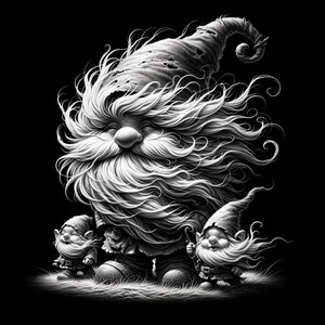 以下が含まれることがあります： 3人のノームの白黒のイラスト。一番大きなノームは、長く流れるようなひげとぼろぼろの帽子をかぶっています。2人の小さなノームは、大きなノームの後ろに立っています。