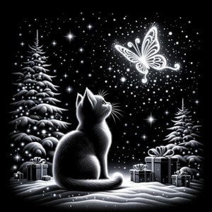 Op de afbeelding: Een zwart-wit illustratie van een kat die naar een gloeiende vlinder kijkt tegen een sterrenhemel. Kerstbomen en ingepakte cadeaus staan op de voorgrond, wat een feestelijke vakantiescène creëert.