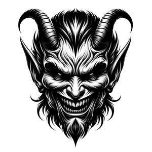 May include: Black and white illustration of a devil's head with horns, sharp teeth, and a mischievous grin.