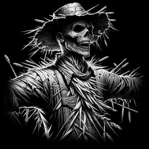 May include: A black and white illustration of a skeletal scarecrow with a straw hat and a tattered shirt. The scarecrow is surrounded by stalks of wheat.