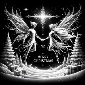 Op de afbeelding: Een zwart-witte illustratie van twee feeën met vleugels, die hand in hand vliegen naar een ster. De feeën zijn omringd door met sneeuw bedekte bomen en cadeaus. De tekst "Merry Christmas" staat onder de feeën.