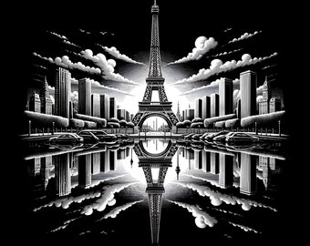 Pode incluir: Uma ilustração em preto e branco da Torre Eiffel refletida em um corpo de água. A torre é cercada por edifícios e árvores.