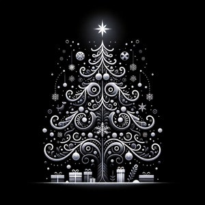 May include: A silver and white stylized Christmas tree with ornate details and a star on top. The tree is surrounded by small white snowflakes and ornaments. There are also several silver gift boxes at the base of the tree.