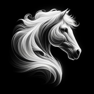 Pode incluir: Ilustração detalhada em tons de cinza da cabeça e pescoço de um cavalo contra um fundo preto. O cavalo é retratado com linhas brancas estilizadas e fluidas, criando uma sensação de movimento e beleza etérea. A crina e o pescoço se misturam.