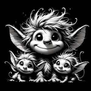 Könnte beinhalten: Eine Schwarzweißillustration von drei pelzigen Kreaturen mit großen Ohren und großen Augen. Die Kreatur in der Mitte ist größer als die beiden anderen und hat ein freundliches Lächeln.