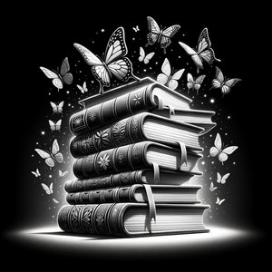 May include: A stack of antique books with ornate covers, surrounded by a swirling cloud of white butterflies on a black background.