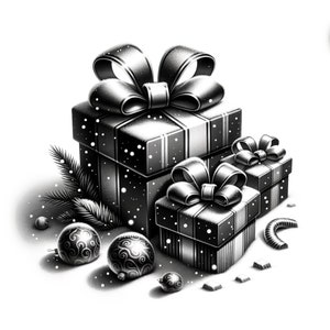 Op de afbeelding: Drie zwarte cadeaudozen met witte stippen en zilveren strikken. De dozen zijn versierd met een sneeuweffect. De dozen zijn omringd door kleine zilveren ornamenten en een dennentak.