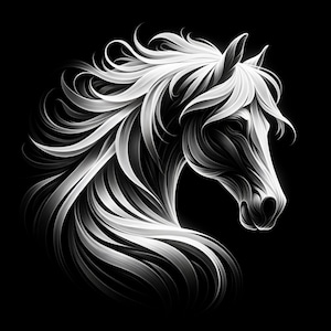 Pode incluir: Uma cabeça de cavalo branca com uma juba fluida e um design estilizado detalhado. A cabeça do cavalo está virada para o lado e seus olhos estão fechados. O fundo é preto.