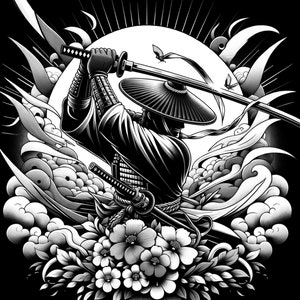 May include: Black and white illustration of a samurai warrior holding a katana sword. The warrior is wearing a traditional Japanese hat and clothing. The background features stylized clouds and flowers.