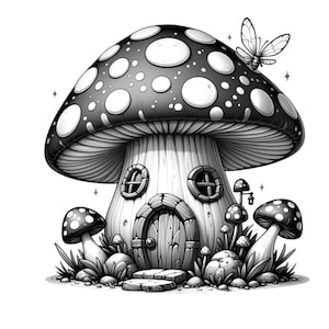 以下が含まれることがあります： ドア、窓、そして上に小さな蝶がついたキノコの家を描いた白黒のイラスト。キノコの家は、小さなキノコと草に囲まれている。