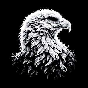 Op de afbeelding: Een zwart-witte illustratie van een adelaarskop met gedetailleerde veren. De snavel van de adelaar is open en zijn ogen zijn gesloten.