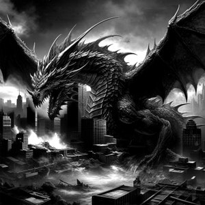 Puede incluir: Una imagen en blanco y negro de un gran dragón amenazante de pie sobre una ciudad. Las alas del dragón están extendidas y sus garras están extendidas. La ciudad está en ruinas, con edificios derrumbándose y humo elevándose del suelo.