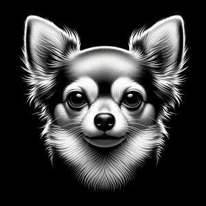Może przedstawiać: Czarno-biała ilustracja twarzy chihuahua. Pies ma duże, ciemne oczy i mały, r&oacute;żowy nos. Chihuahua się uśmiecha.