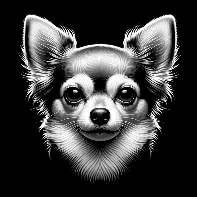 Może przedstawiać: Czarno-biała ilustracja twarzy chihuahua. Pies ma duże, ciemne oczy i mały, r&oacute;żowy nos. Chihuahua się uśmiecha.