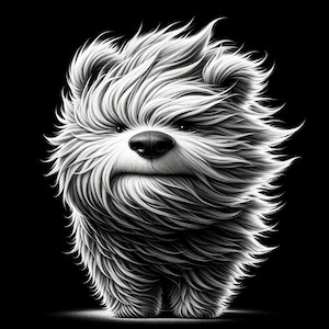 以下が含まれることがあります： 風になびくふわふわの犬の白黒イラスト。犬は真剣な表情をしています。