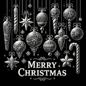 May include: A black and white illustration of Christmas ornaments, stars, and candy canes. The ornaments are decorated with intricate patterns and the text "Merry Christmas" is written in a decorative font.