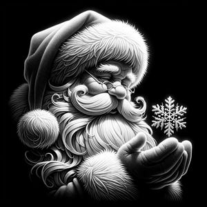 May include: A black and white illustration of Santa Claus with a long white beard and a white fur-trimmed hat. He is holding a large snowflake in his hands.