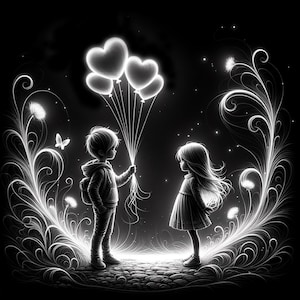 Op de afbeelding: Een zwart-witte illustratie van een jongen die een meisje een boeket hartvormige ballonnen geeft. De jongen draagt een rugzak en een jas. Het meisje draagt een jurk. De achtergrond is een donkere, sterrenhemel met witte bloemen.