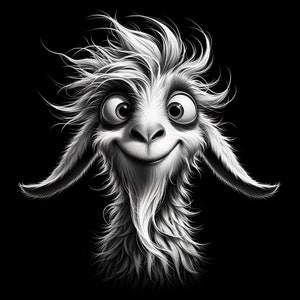 Op de afbeelding: Een zwart-witte illustratie van een harige creatuur met een grote glimlach en wild haar. Het wezen heeft grote ogen en een lange, pluche baard.