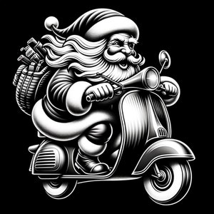 Pode incluir: Ilustração em preto e branco do Papai Noel dirigindo um scooter vintage. Ele está usando um chapéu de Papai Noel e tem uma longa barba branca. Ele está carregando um saco de presentes nas costas.