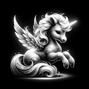 Pode incluir: Um unicórnio branco alado com uma juba e cauda fluidas. O unicórnio é retratado em um design estilizado, quase em espiral, o que lhe confere um aspecto caprichoso e mágico.