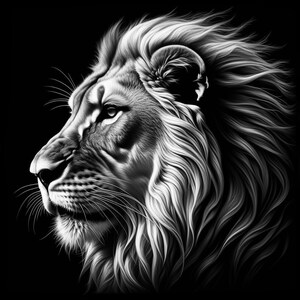 May include: A black and white illustration of a lion's head with a thick mane. The lion is looking to the left, with its mouth closed and its eyes open. The background is black.