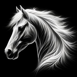 以下が含まれることがあります： 黒い背景に、スタイリッシュな線画で描かれた、白い馬の頭と流れるたてがみ。